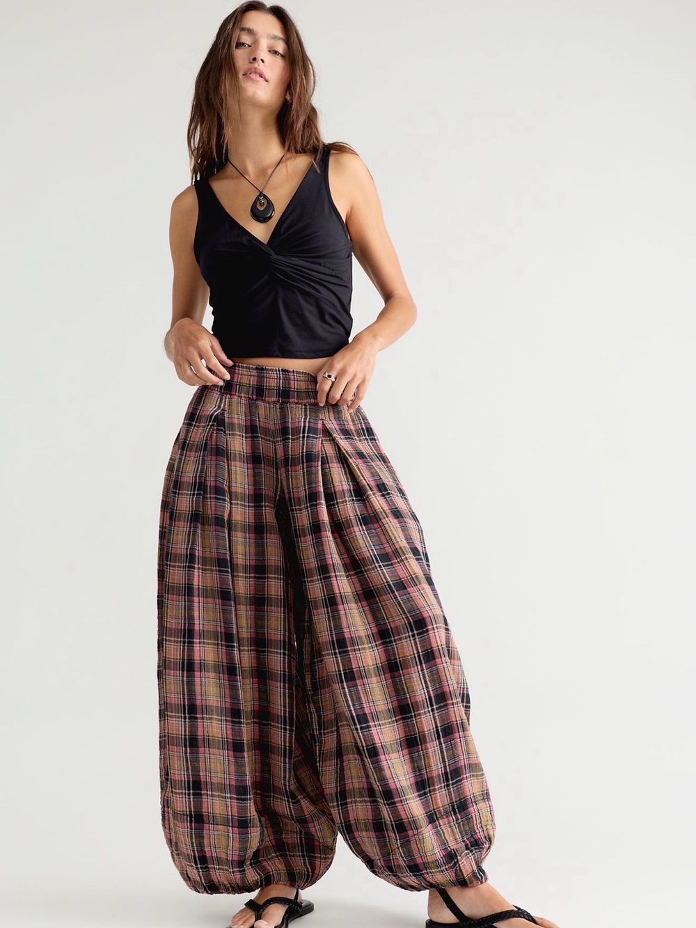 Free People Moonflower Plaid Pull On Balloon Pants
